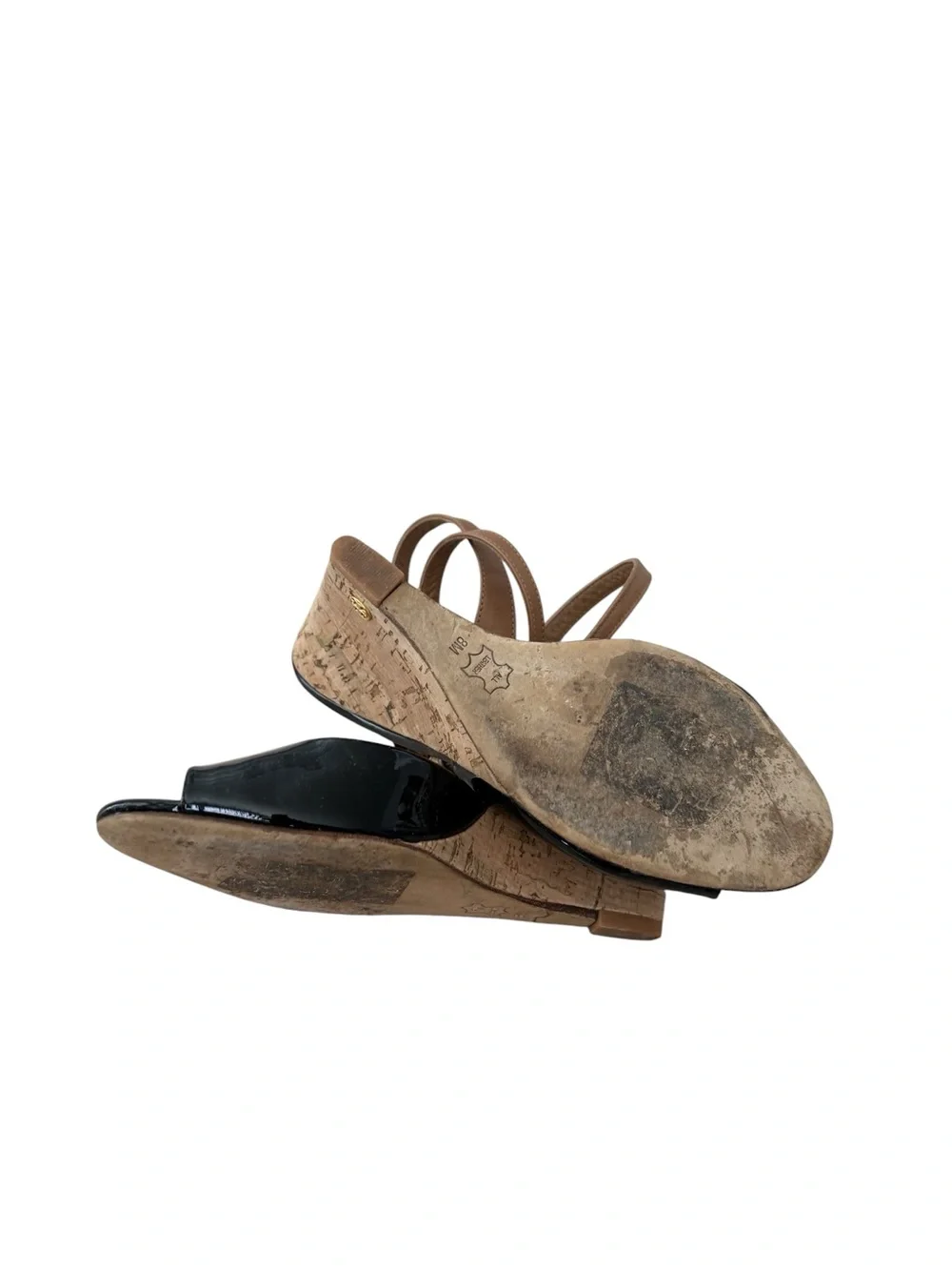 Tory Burch Ashton Black Patent‎ Leather Cork Wedge Peep Toe Heels Size 8